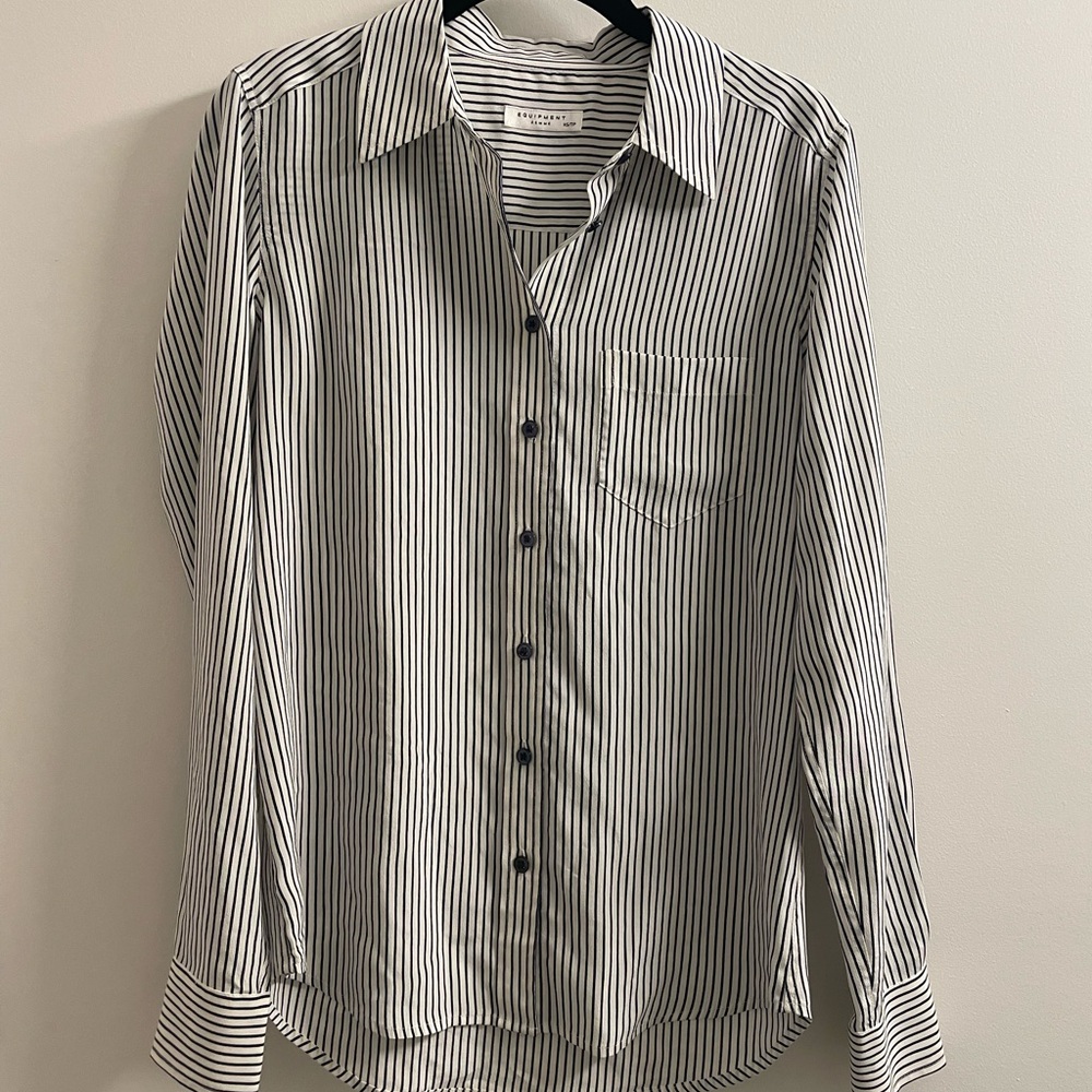 100% silk Equipment Black and White Striped Blouse